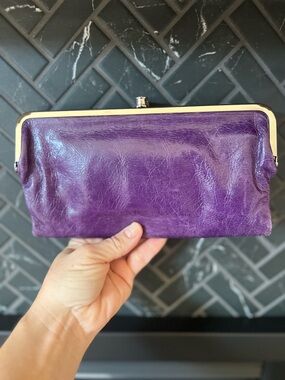 Hobo Lauren Double Frame Leather Wallet Clutch Purple Silver Kisslock